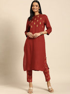 All About You Women Red Floral Embroidered Regular Thread Work Kurta with Trousers | Grocsy