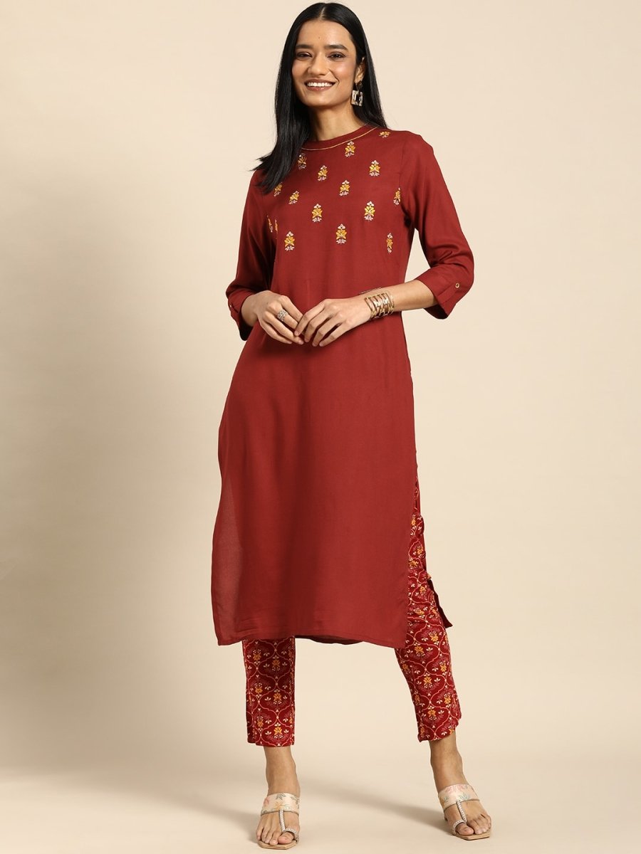 All About You Women Red Floral Embroidered Regular Thread Work Kurta with Trousers | Grocsy