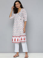 HERE&NOW Women White & Green Floral Printed Angrakha Kurta with Trousers | Grocsy