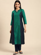 All About You Women Green & Navy Blue Colourblocked Kurta with Trousers | Grocsy