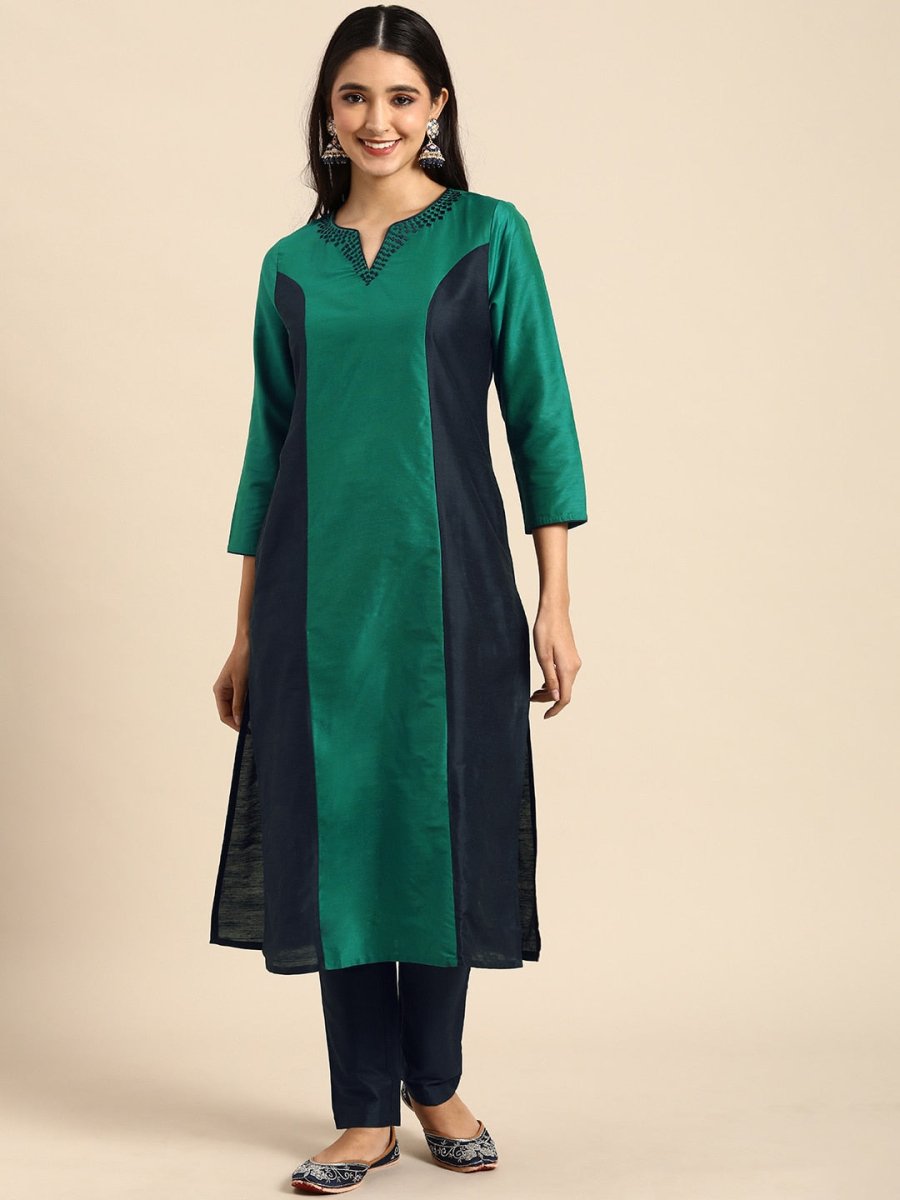 All About You Women Green & Navy Blue Colourblocked Kurta with Trousers | Grocsy