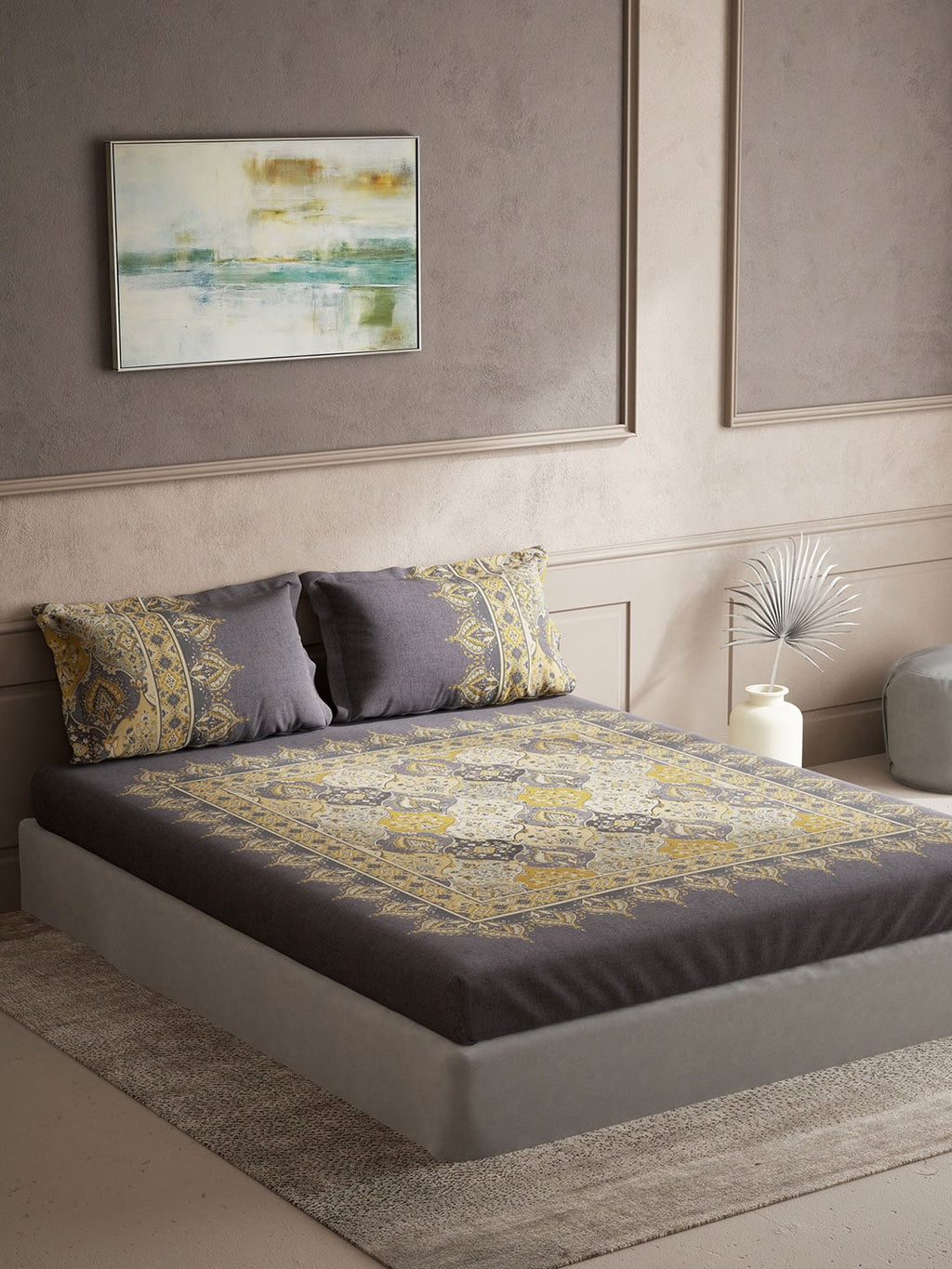 DDecor Grey & Yellow Ethnic Motifs Cotton 140 TC King Bedsheet With 2 Pillow Covers | Grocsy