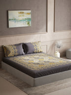 DDecor Grey & Yellow Ethnic Motifs Cotton 140 TC King Bedsheet With 2 Pillow Covers | Grocsy