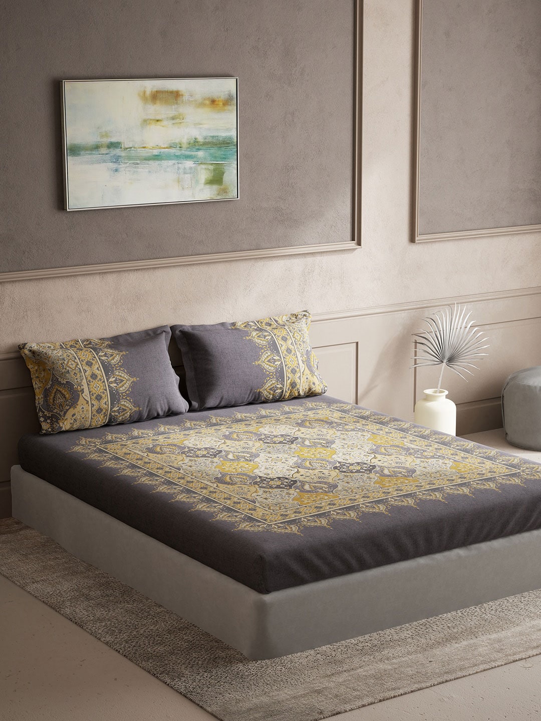 DDecor Grey & Yellow Ethnic Motifs Cotton 140 TC King Bedsheet With 2 Pillow Covers | Grocsy