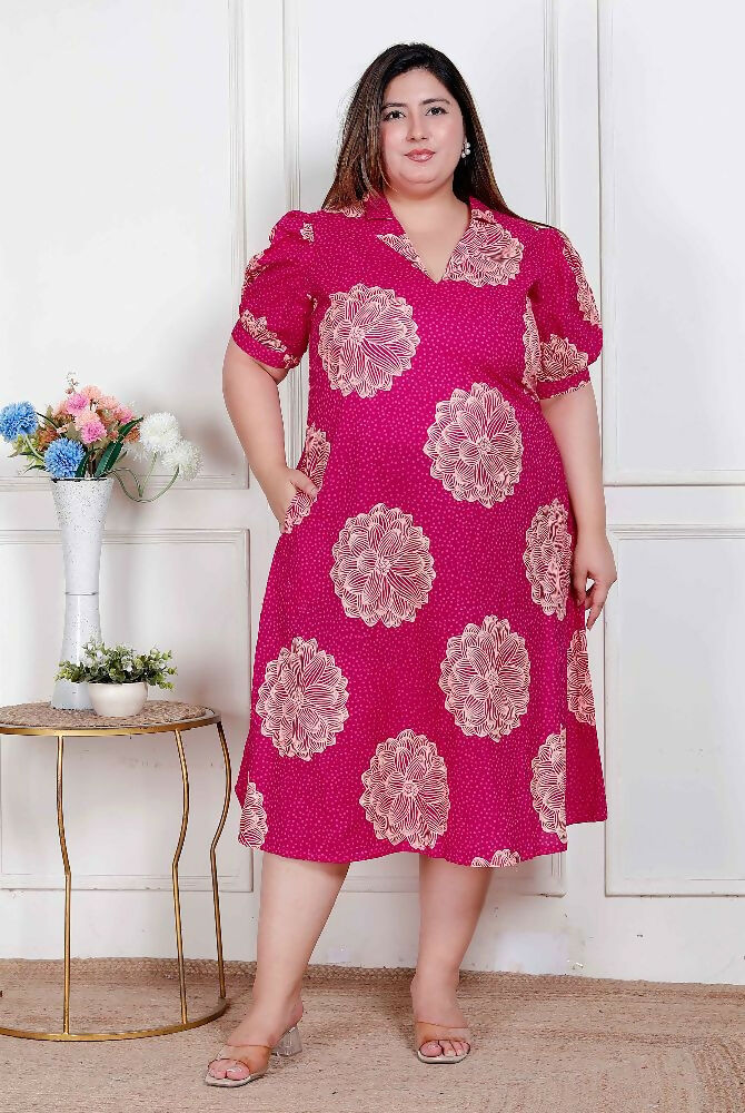 Miravan Plus Size Womens Pink Printed Collar Neck Short Puff Sleeves Cotton A-Line Maxi Dress | Grocsy