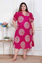 Miravan Plus Size Womens Pink Printed Collar Neck Short Puff Sleeves Cotton A-Line Maxi Dress | Grocsy