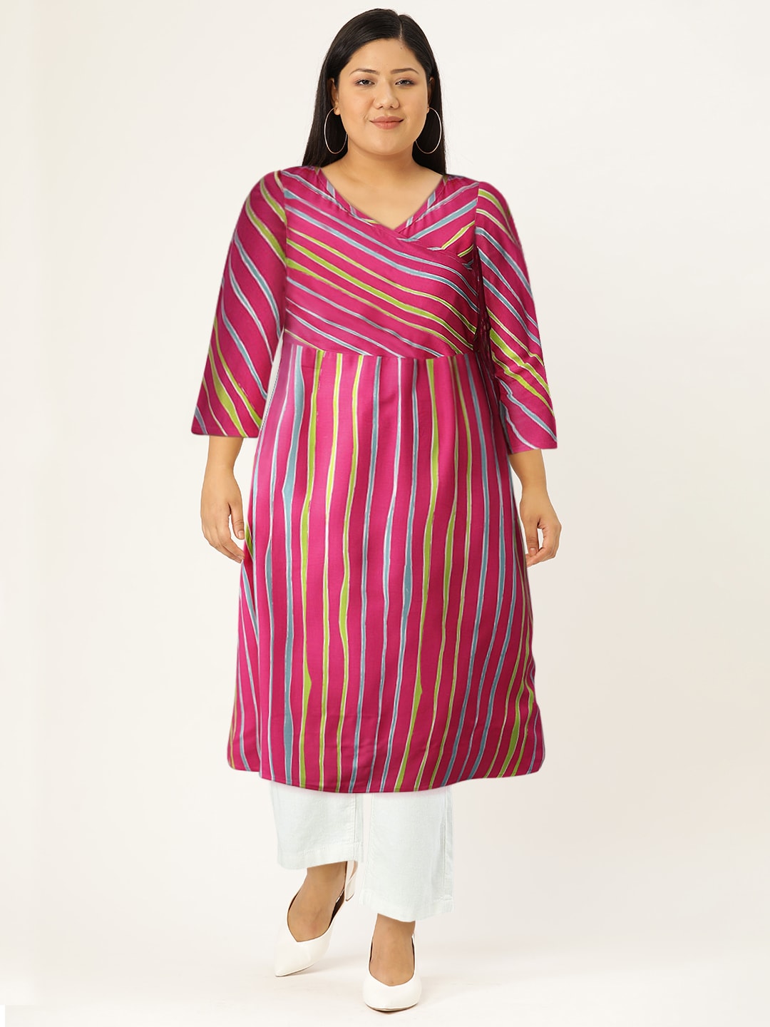 HERE&NOW Women Stripes & Tie-Up A-Line Viscose Kurta | Grocsy