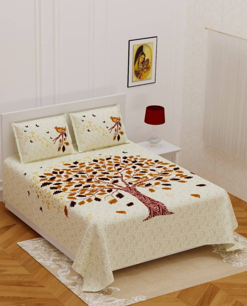 Vamika Printed Beautiful Cotton Cream Bedsheet With Pillow Covers (PM Tree Cream) | Grocsy