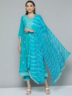 HERE&NOW Women Blue Ethnic Motifs Embroidered Thread Work Kurta with Trousers & With Dupatta | Grocsy