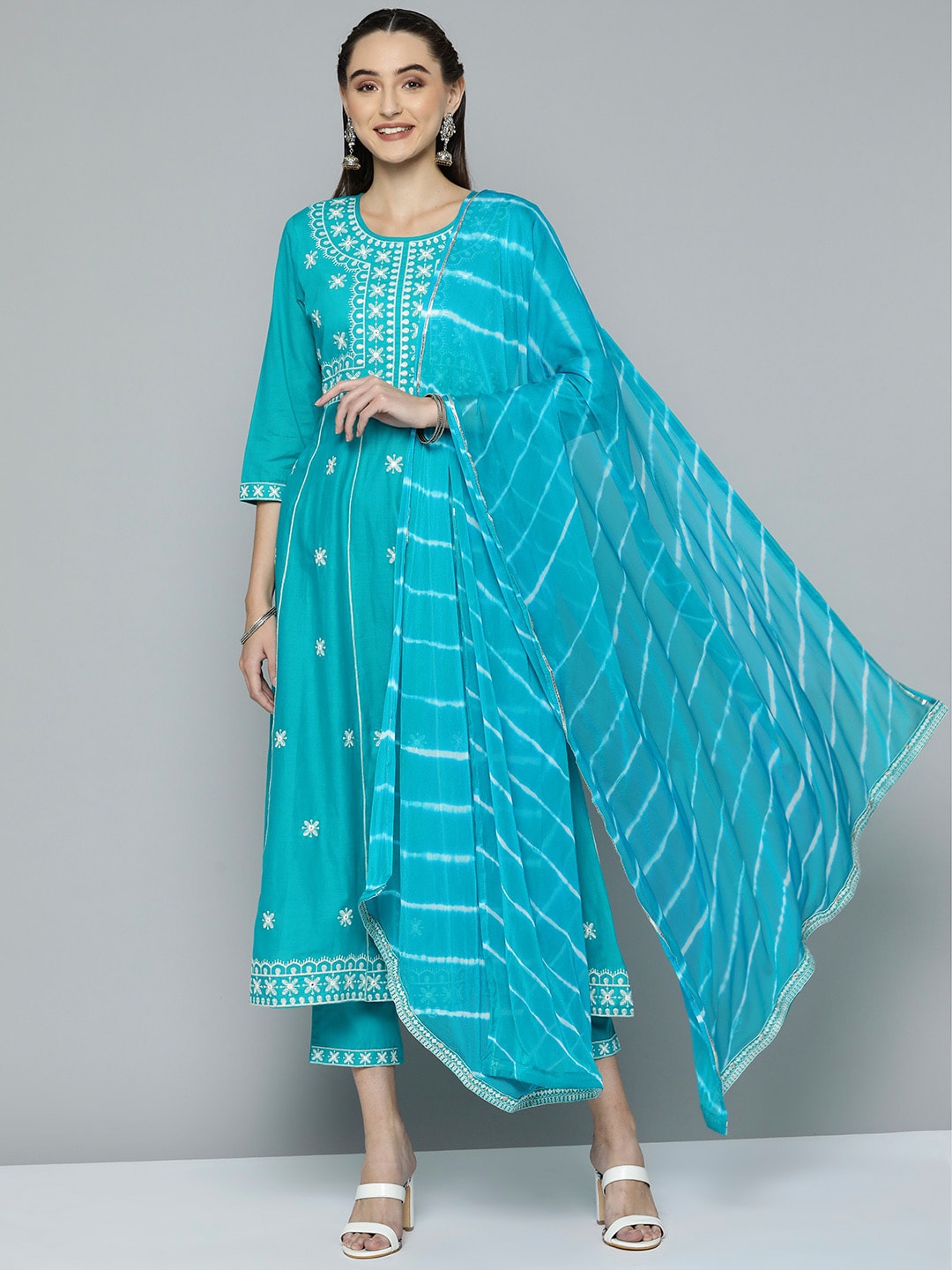 HERE&NOW Women Blue Ethnic Motifs Embroidered Thread Work Kurta with Trousers & With Dupatta | Grocsy