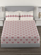 MYTRIDENT White Red Ethnic Motifs 144 TC Cotton Queen Bedsheet With 2 Pillow Covers | Grocsy