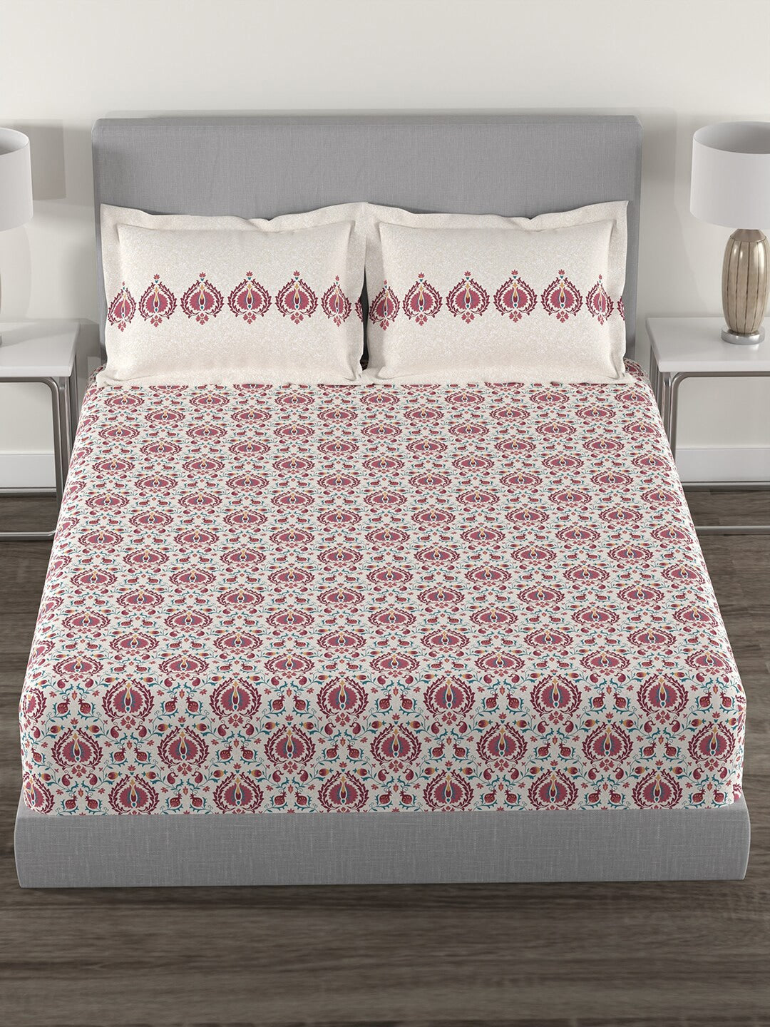 MYTRIDENT White Red Ethnic Motifs 144 TC Cotton Queen Bedsheet With 2 Pillow Covers | Grocsy