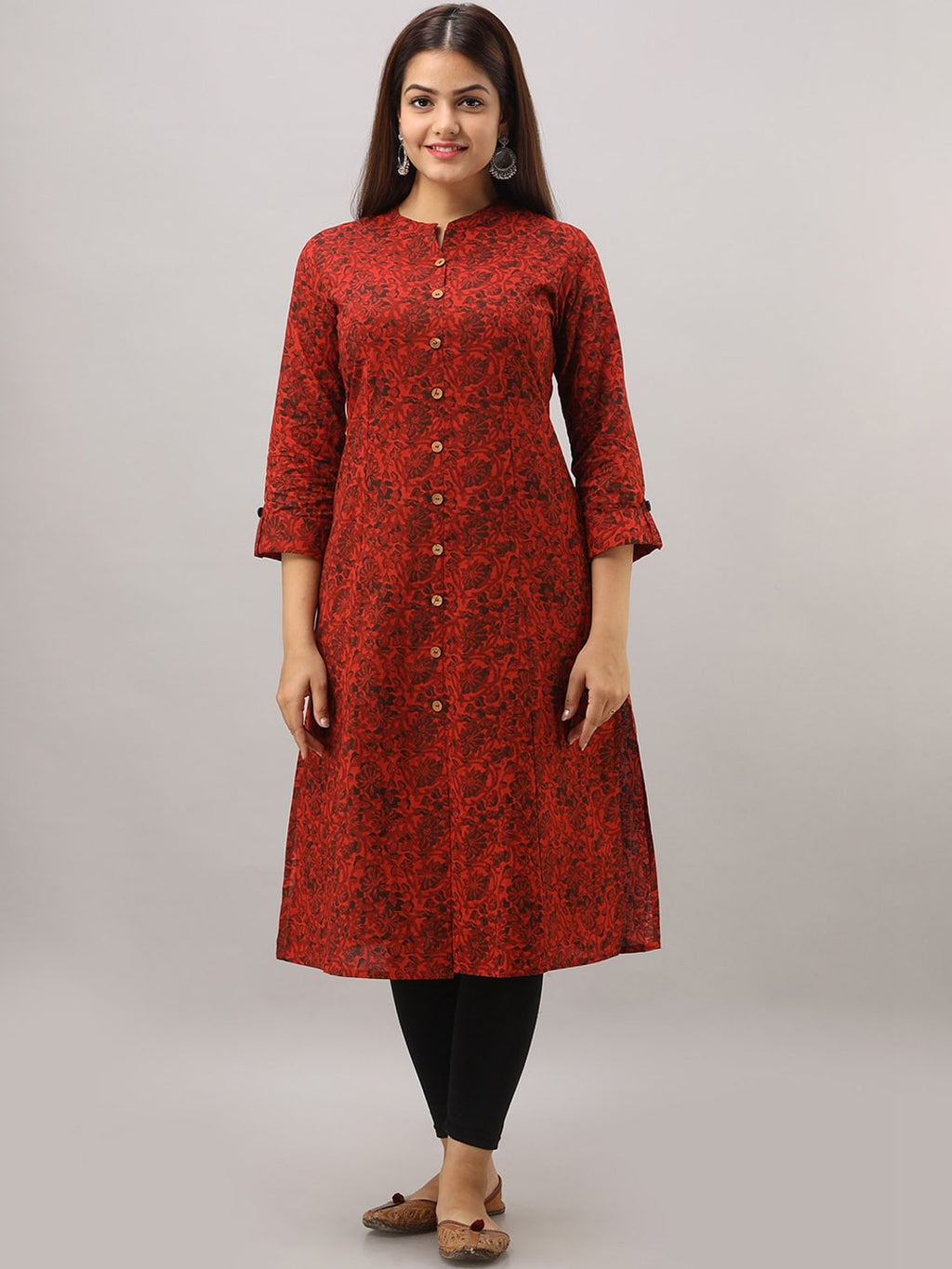 HERE&NOW Maroon Mandarin Collar Floral Straight A-Line Kurta | Grocsy