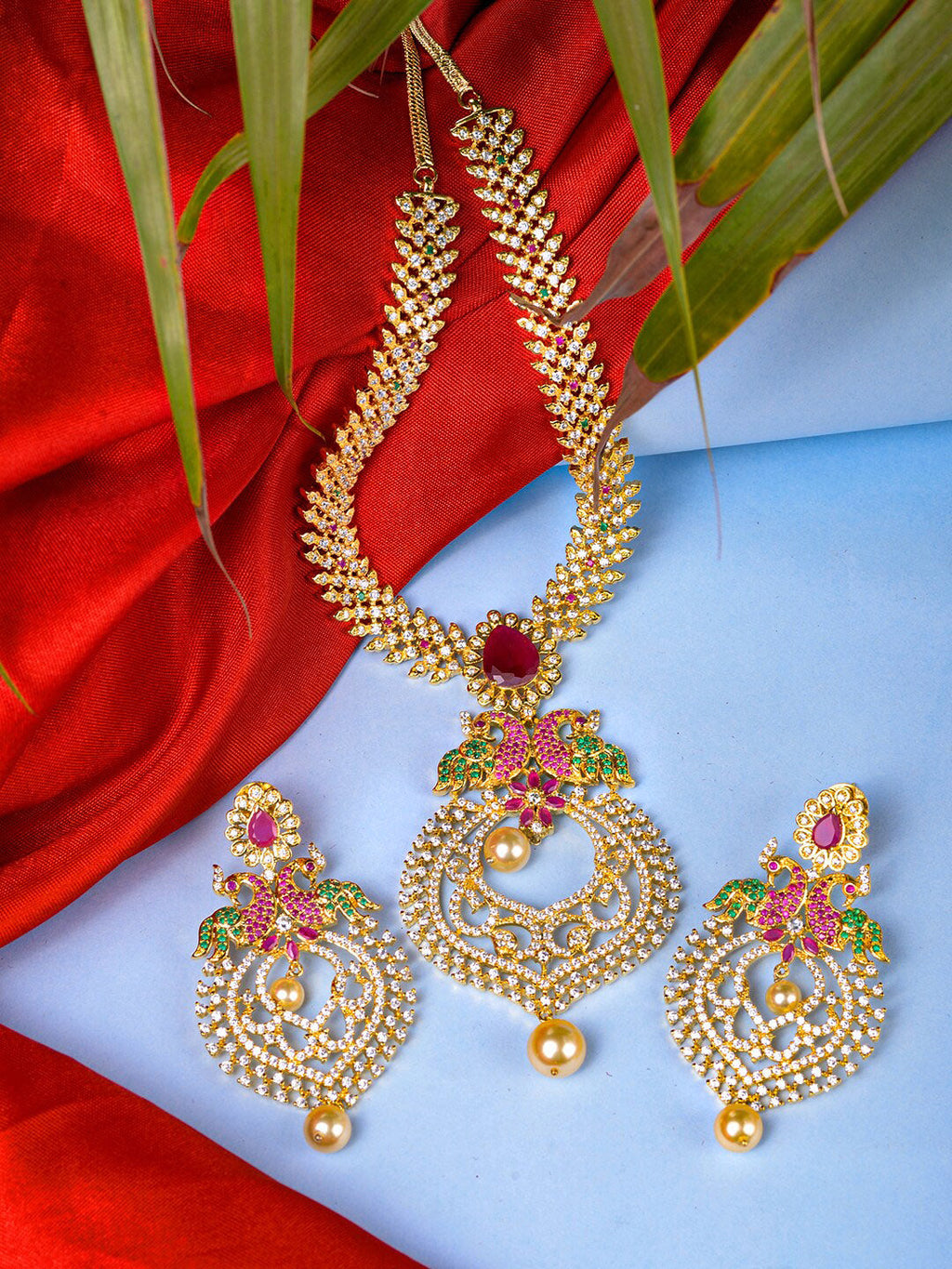 Saraf RS Jewellery Gold-Polished Green & Pink American Diamond Studded & Beaded Handcrafted Jewellery Set | Grocsy