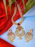 Saraf RS Jewellery Gold-Polished Green & Pink American Diamond Studded & Beaded Handcrafted Jewellery Set | Grocsy