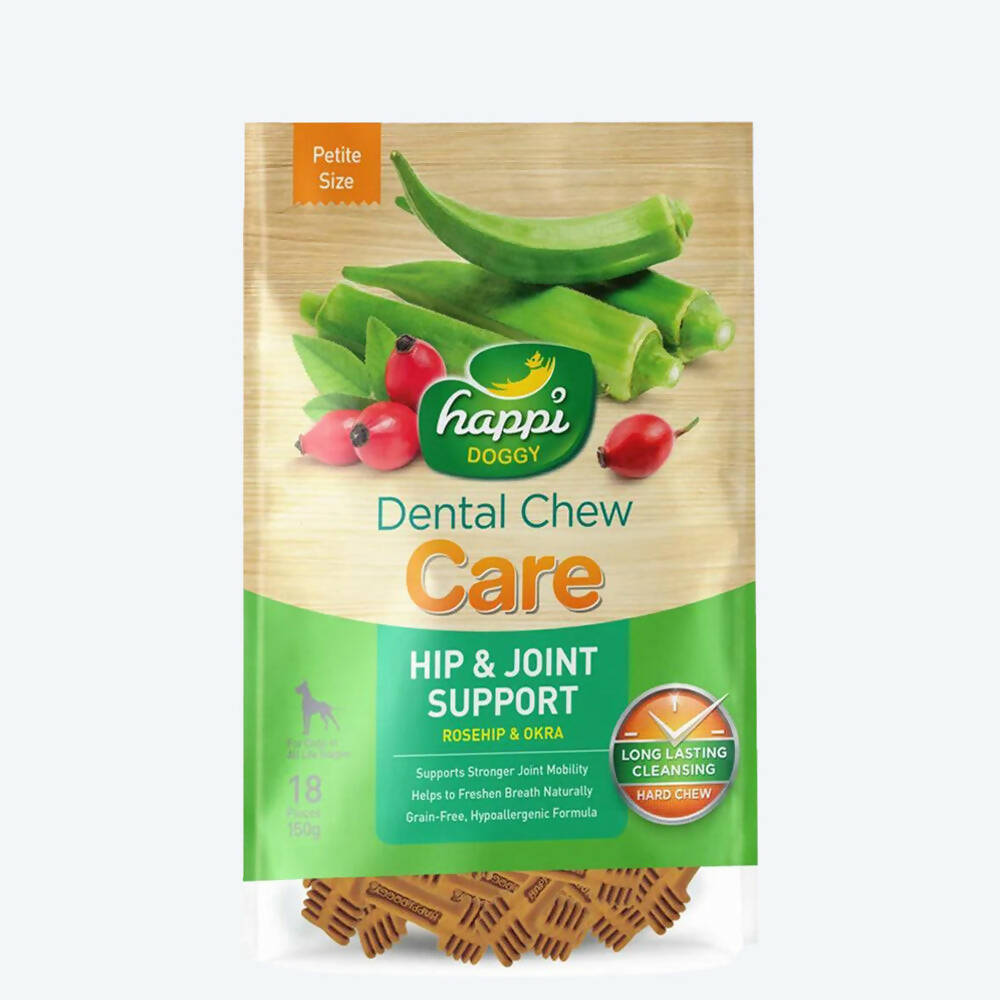 Happi Doggy Dental Chew Care Hip & Joint Support Rosehip & Okra Petite | Grocsy