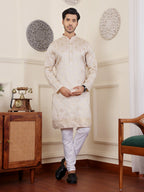Off white Viscose Woven Jacquard Work Men's Rajwadi Kurta Set - Mahotsav | Grocsy
