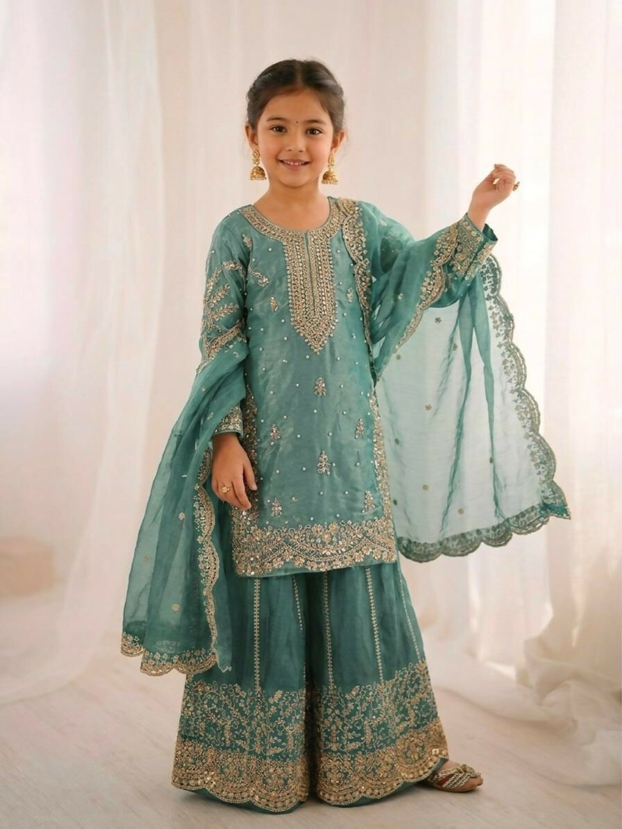 Teeya Creation Girls Heavy Embroidery Turquoise Ethnic Kurta And Palazzo Set With Net Dupatta | Grocsy