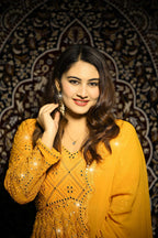 Yash Enterprise Beautiful Yellow Faux Embroidered Wedding Wear Gown With Dupatta | Grocsy