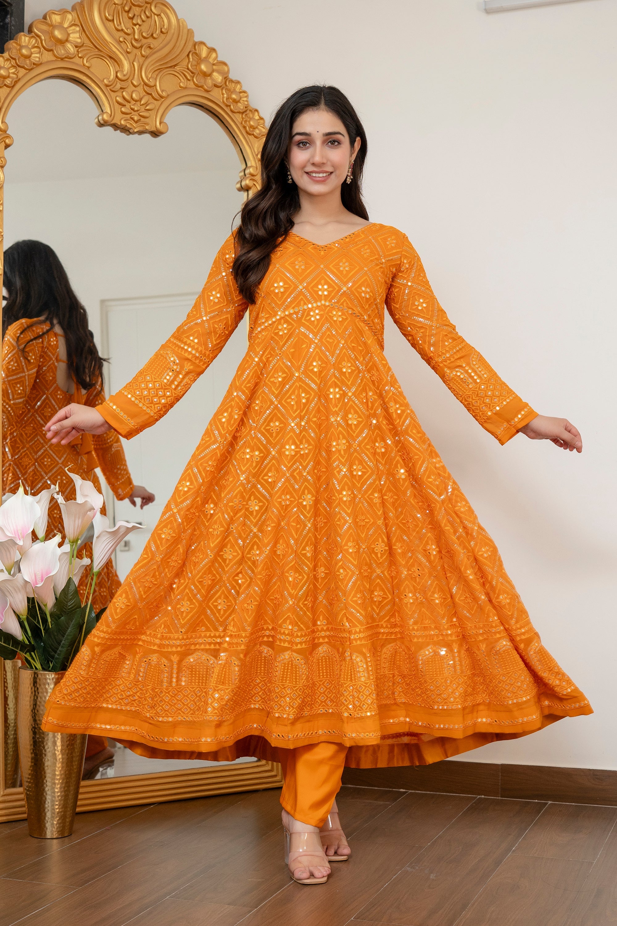 Yash Enterprise Yellow Blooming Silk Party Wear Embroidery Suit Set | Grocsy