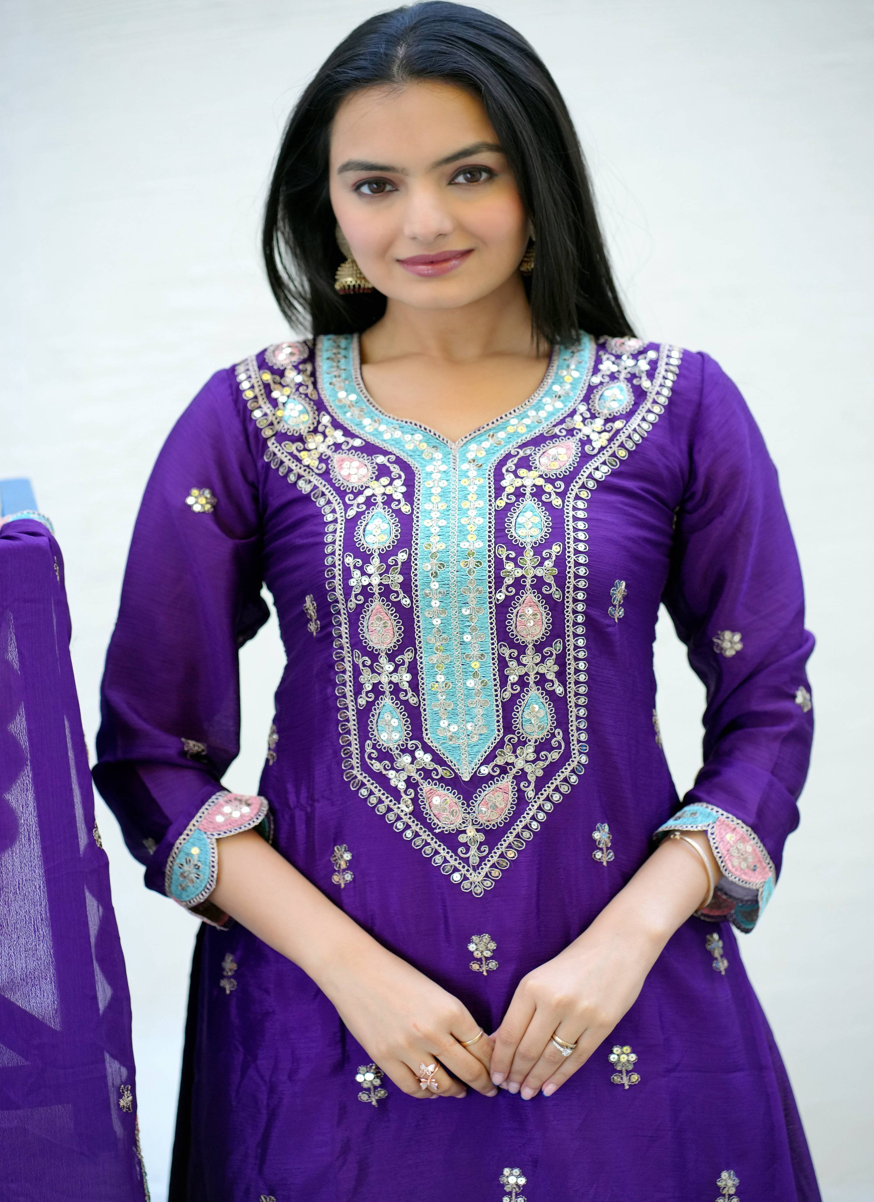 Yash Enterprise Embroidered Chinon With Sequence Blue Readymade Salwar Suit | Grocsy