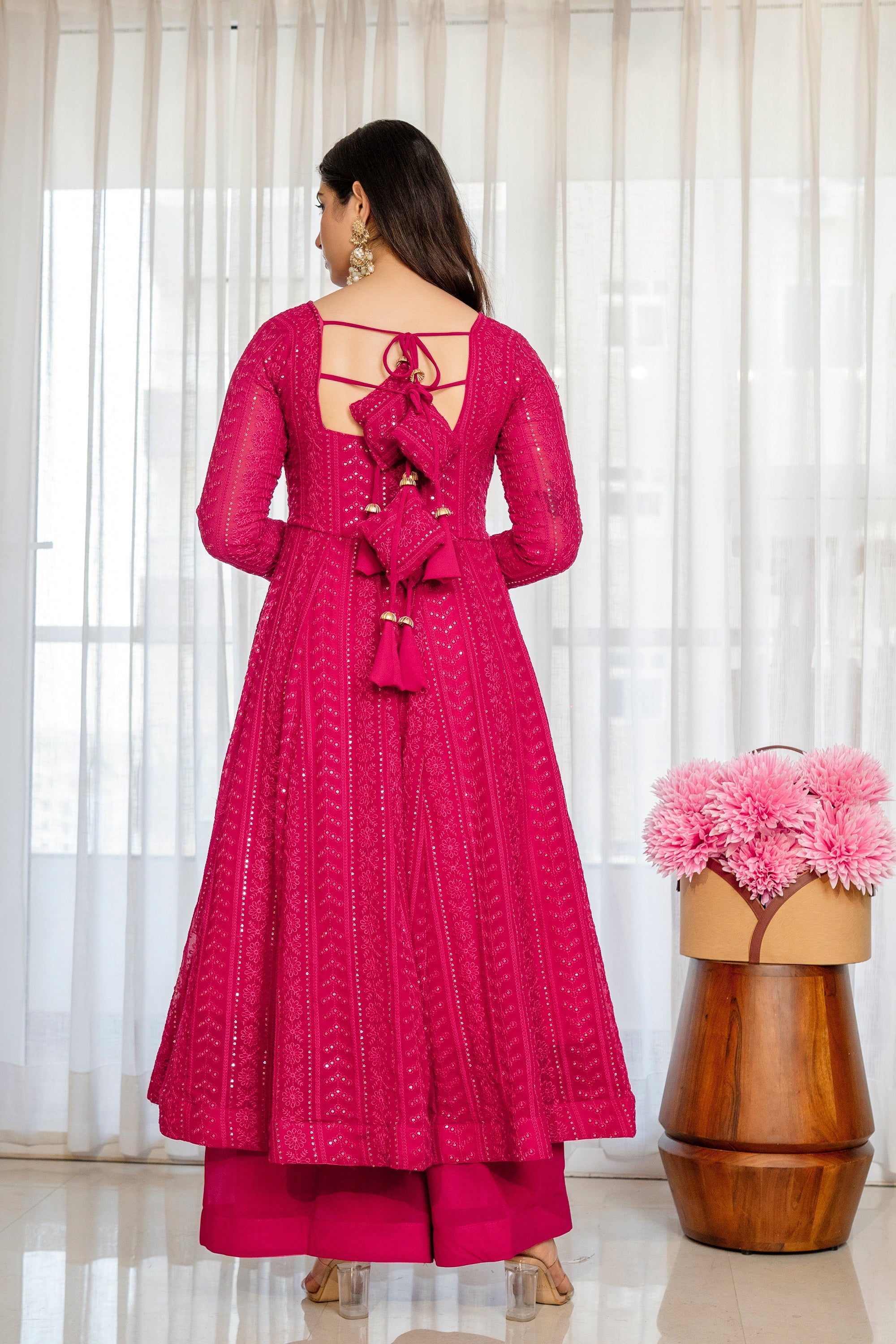 Yash Enterprise Rani Pink Blooming Silk Party Wear Embroidery Sharara Suit Set | Grocsy