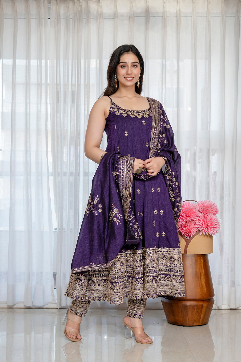 Yash Enterprise Purple Vichitra Silk Party Wear Embroidery Suit Set | Grocsy