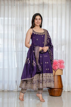 Yash Enterprise Purple Vichitra Silk Party Wear Embroidery Suit Set | Grocsy