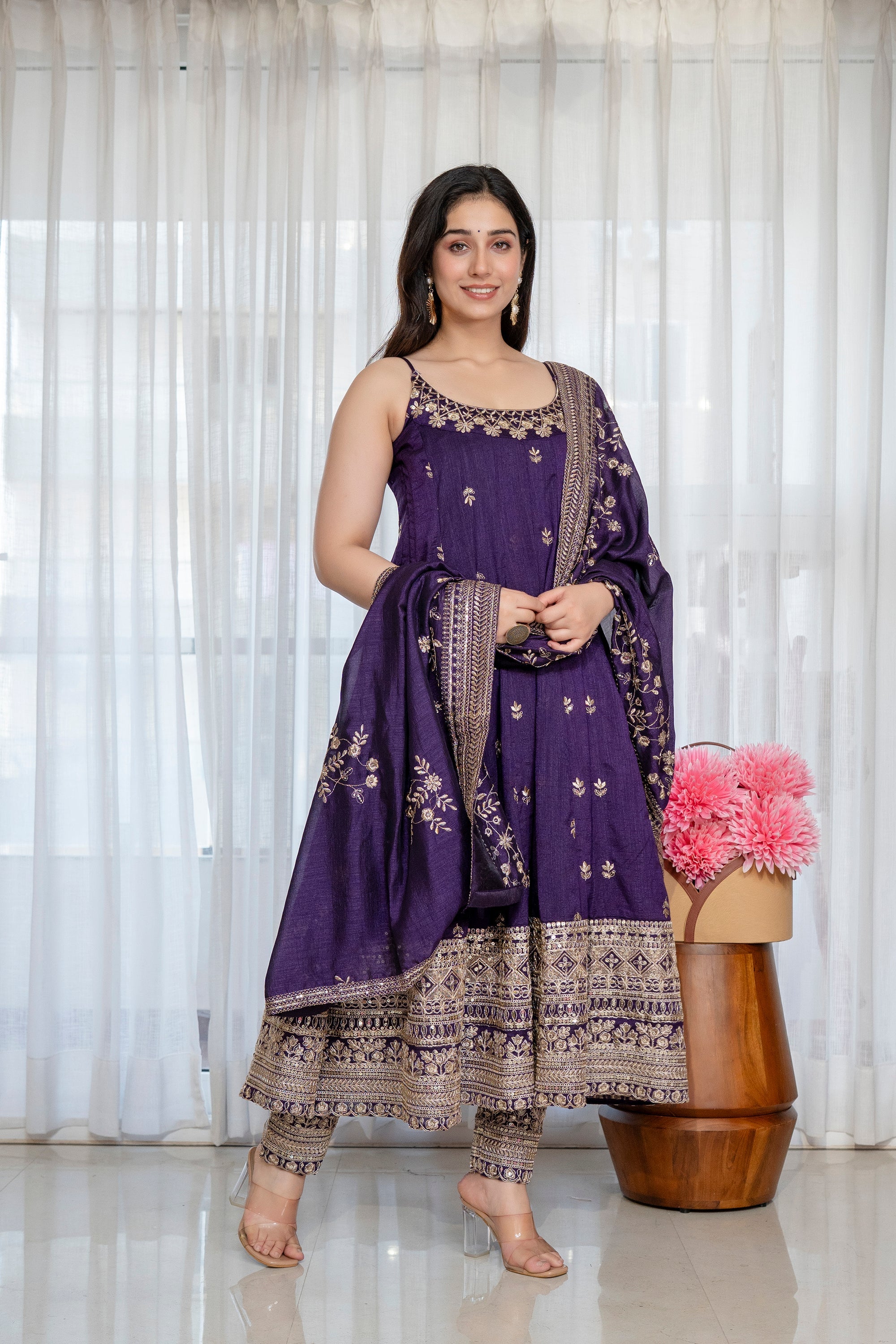 Yash Enterprise Purple Vichitra Silk Party Wear Embroidery Suit Set | Grocsy