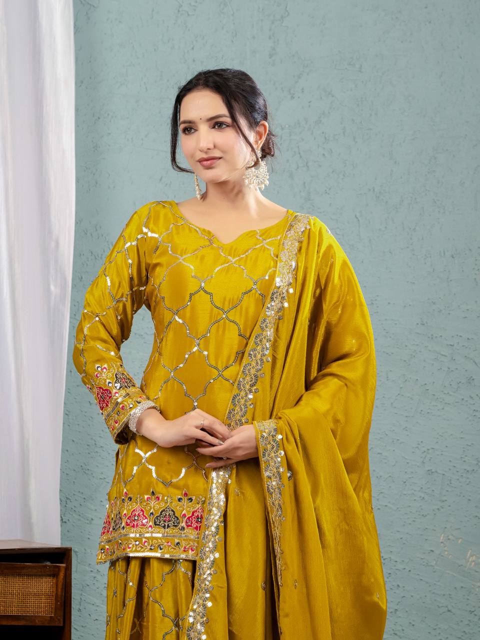 Yash Enterprise Yellow Georgette Embroidery Party Wear Suit Set | Grocsy