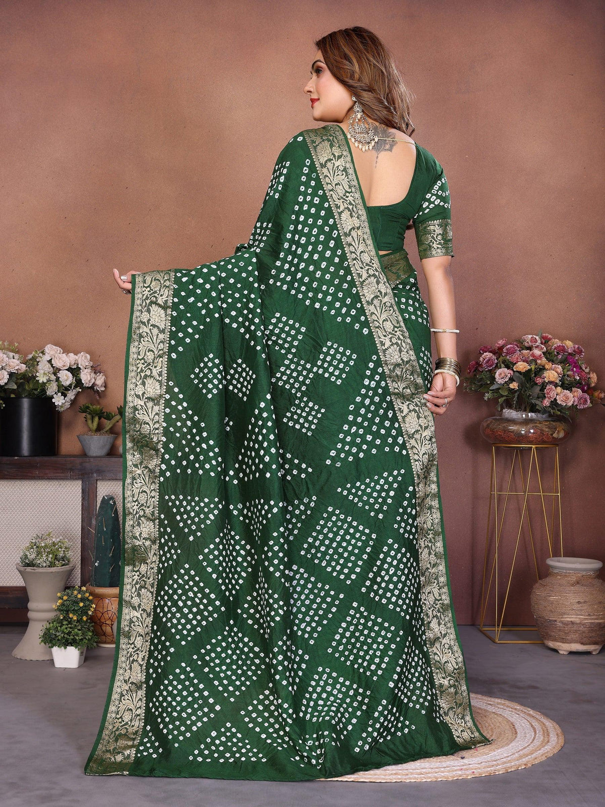 Anaita Green Handmade Bandhej Viscose Silk Saree With Blouse | Grocsy