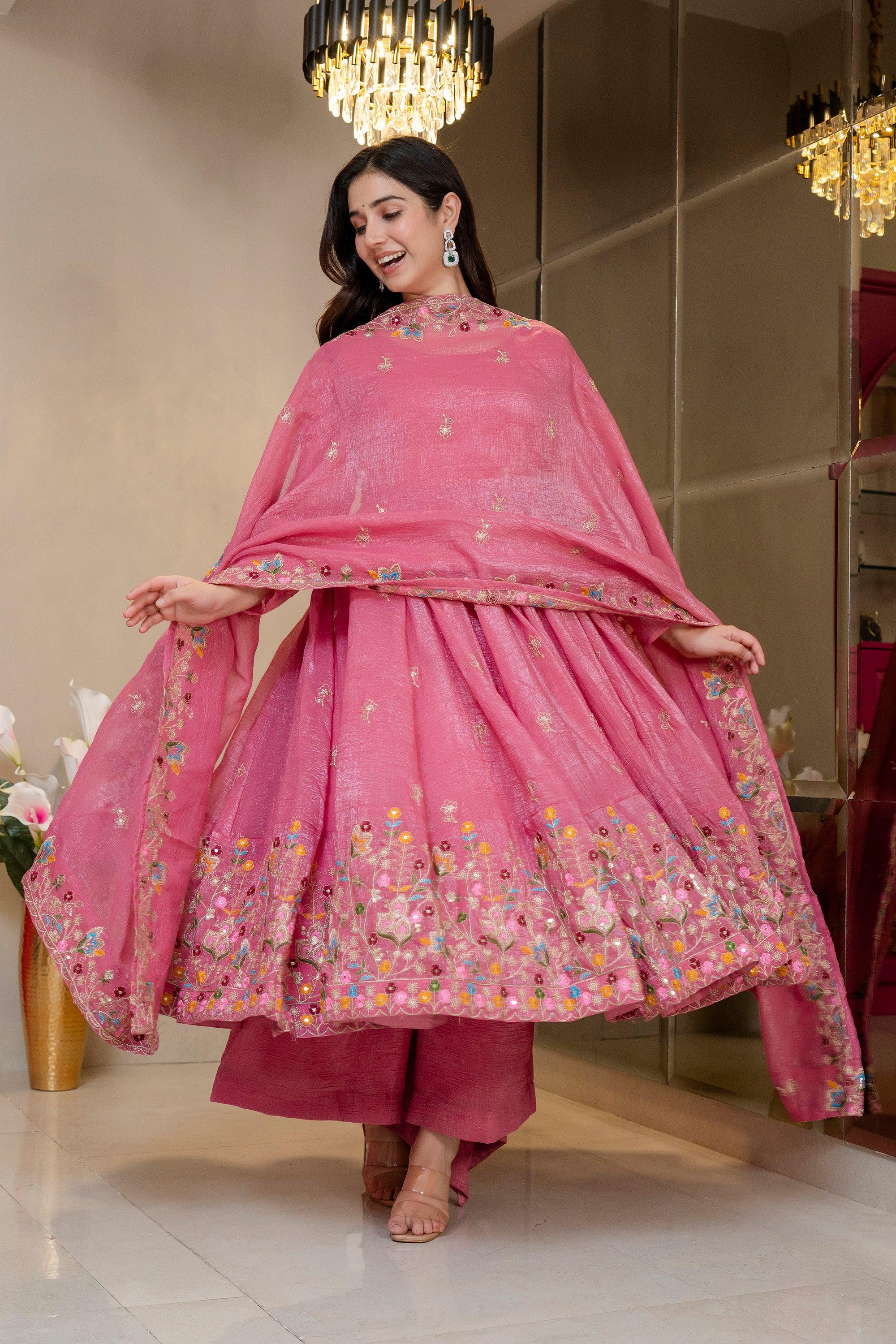 Yash Enterprise Dusty Rose Crunchy Silk Party Wear Embroidery Sharara Suit Set | Grocsy