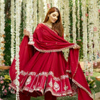 Yash Enterprise Red Roman Silk Embroidery Suit Set | Grocsy
