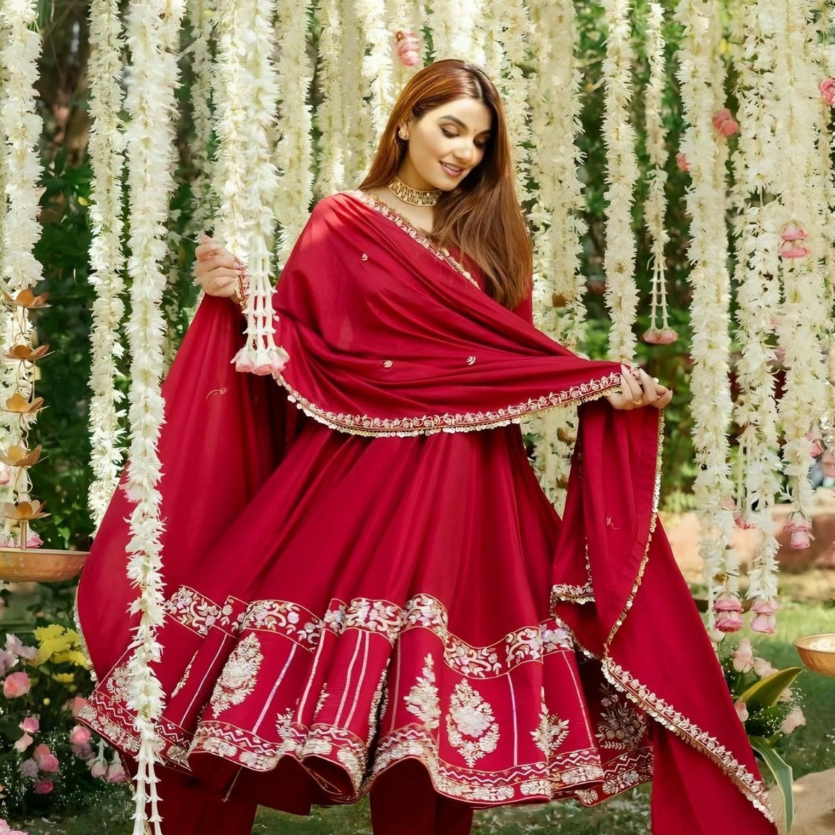 Yash Enterprise Red Roman Silk Embroidery Suit Set | Grocsy