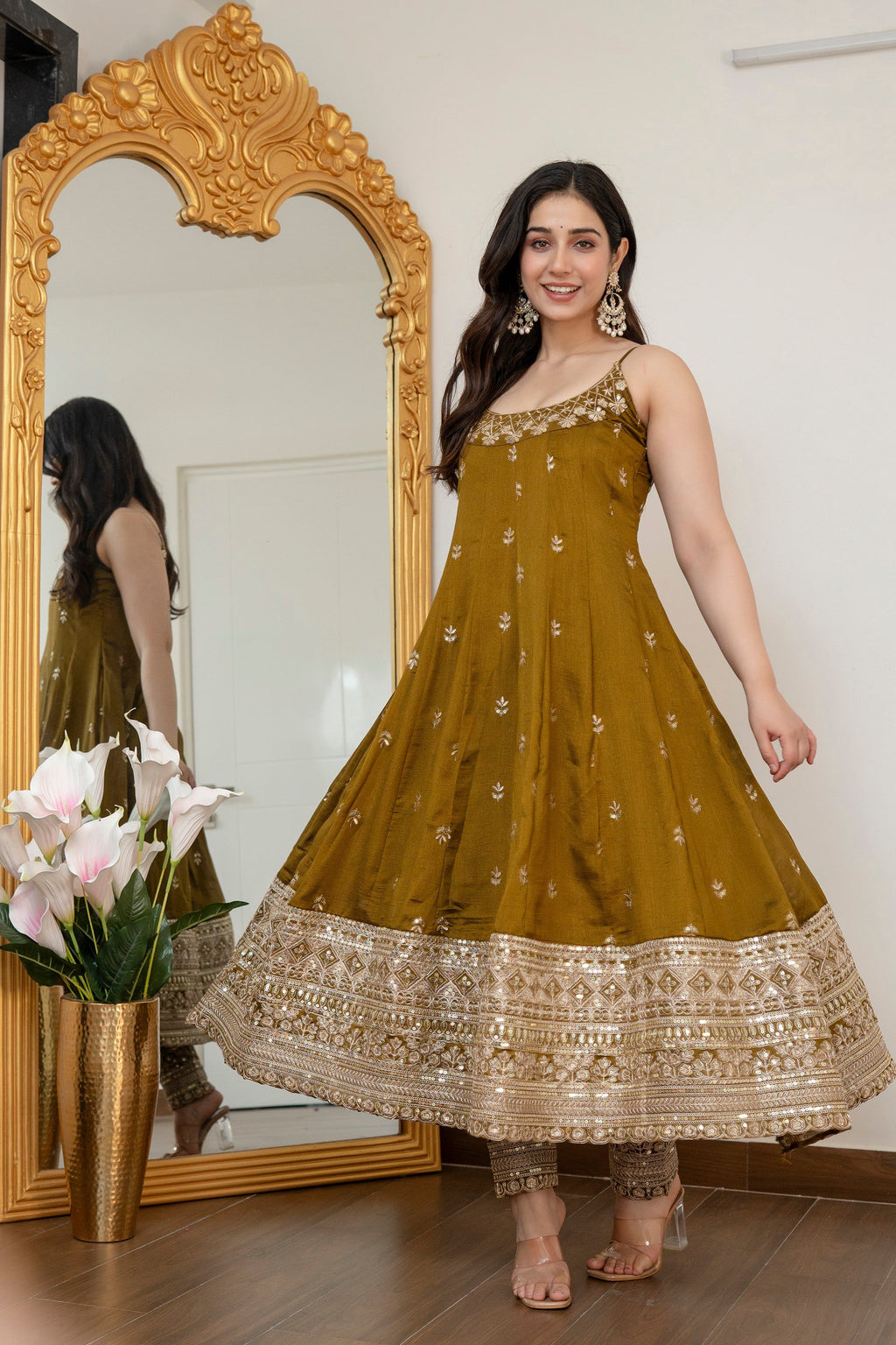 Yash Enterprise Mehndi Vichitra Silk Party Wear Embroidery Suit Set | Grocsy