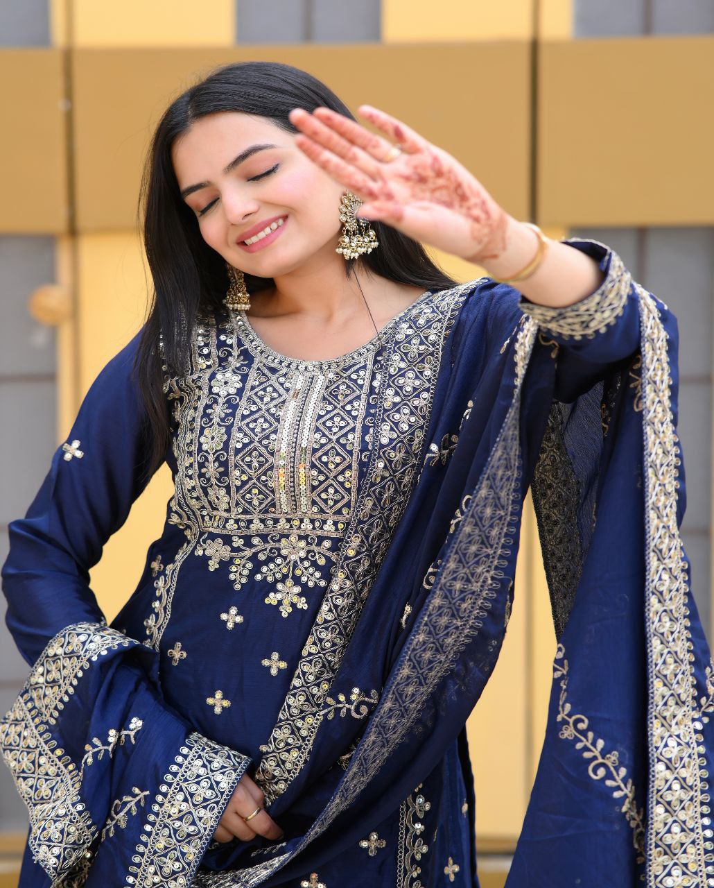 Yash Enterprise Alluring Chinon Silk Navy Blue Embroidery Work Readymade Salwar Suit | Grocsy