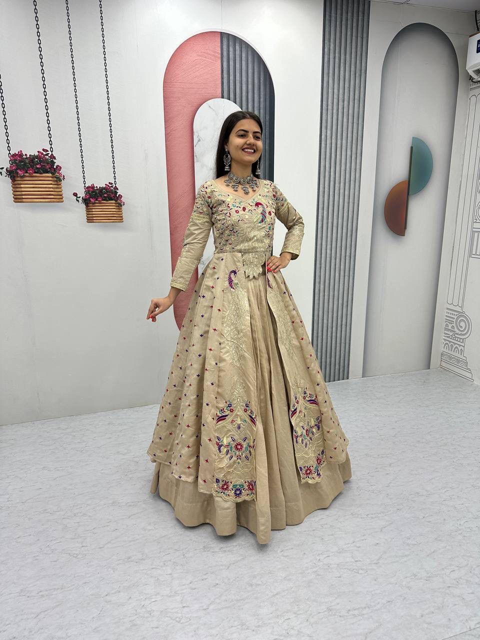 Yash Enterprise Cream Vichitra Silk Party Wear Embroidery Crop Top With Blouse Lehenga Choli | Grocsy