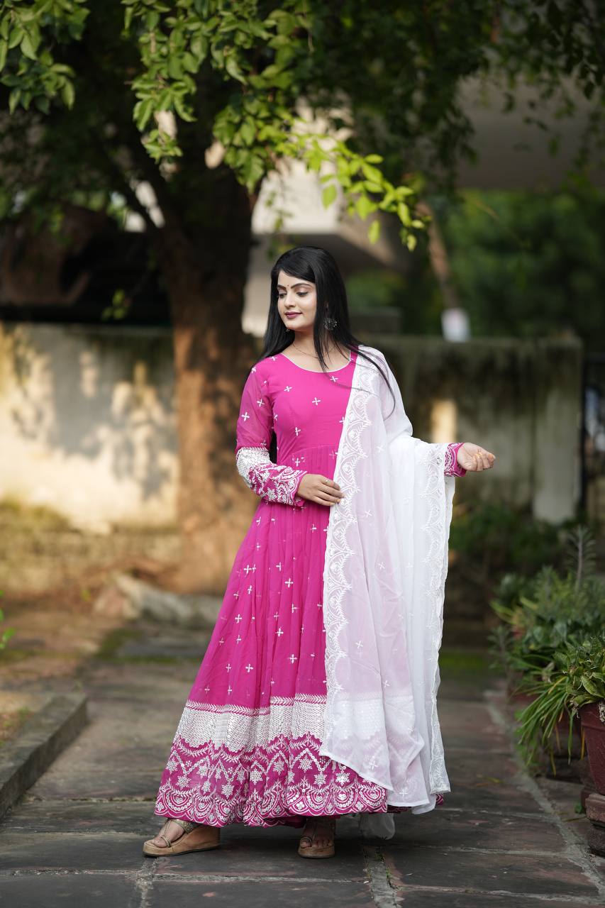 Yash Enterprise Pink Faux Georgette Embroidery Work Party Wear Suit Set | Grocsy