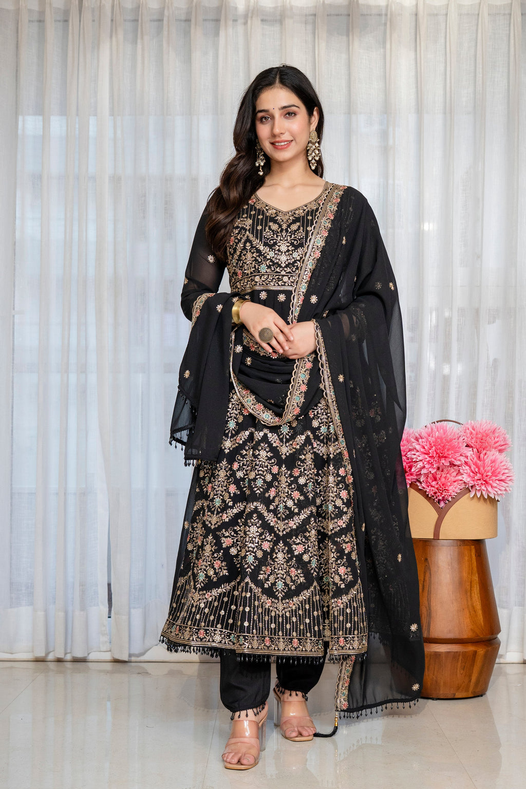 Yash Enterprise Black Georgette Party Wear Anarkali Suit Set | Grocsy