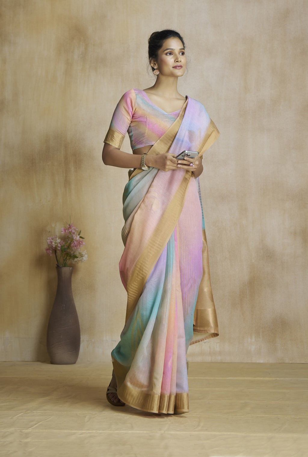 Anaita Peach Fancy Fabric With Digital Print Saree With Blouse | Grocsy