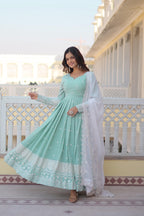 Yash Enterprise Green Pista Faux Georgette Party Wear Embroidery Suit Set | Grocsy