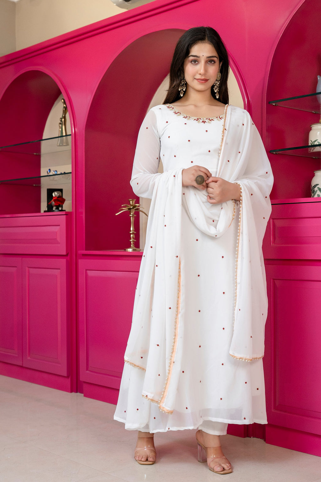 Yash Enterprise White Georgette Party Wear Embroidery Suit Set | Grocsy