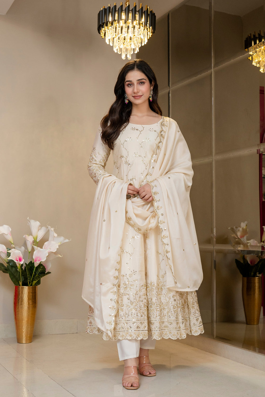 Yash Enterprise Cream Chinon Silk Party Wear Embroidery Suit Set | Grocsy