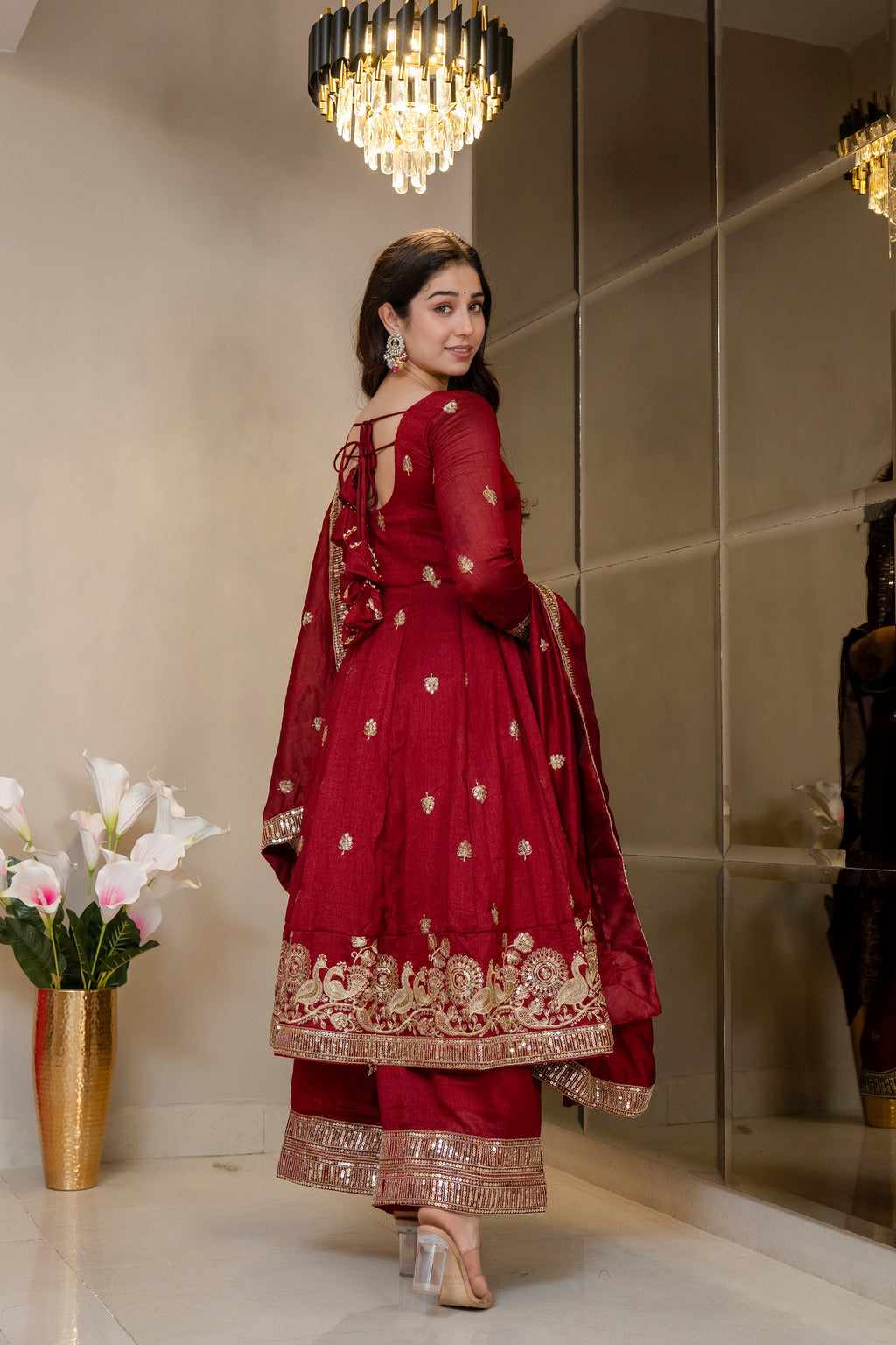 Yash Enterprise Maroon Simmar Silk Party Wear Embroidery Suit Set | Grocsy