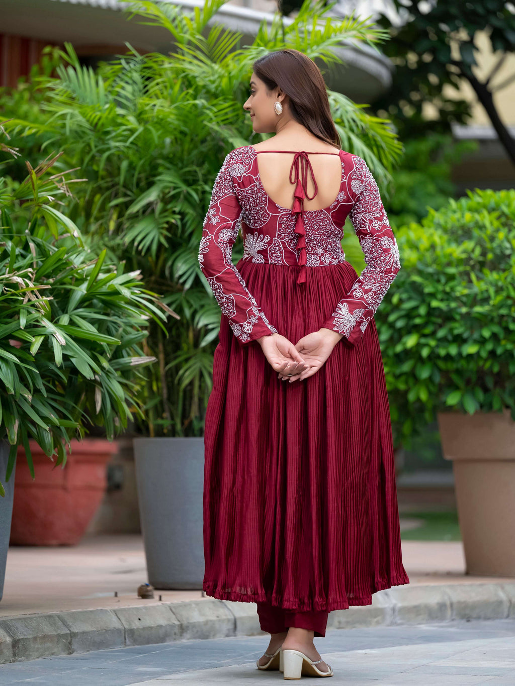 Yash Enterprise Maroon Chinon Silk Party Wear Embroidery Suit Set | Grocsy