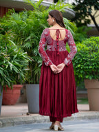 Yash Enterprise Maroon Chinon Silk Party Wear Embroidery Suit Set | Grocsy