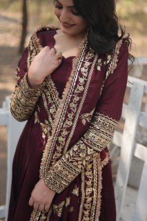 Yash Enterprise Dark Maroon Vichitra Shimmer With Rich Sequins Embroidered Work Party Wear Suit Set Stitched | Grocsy