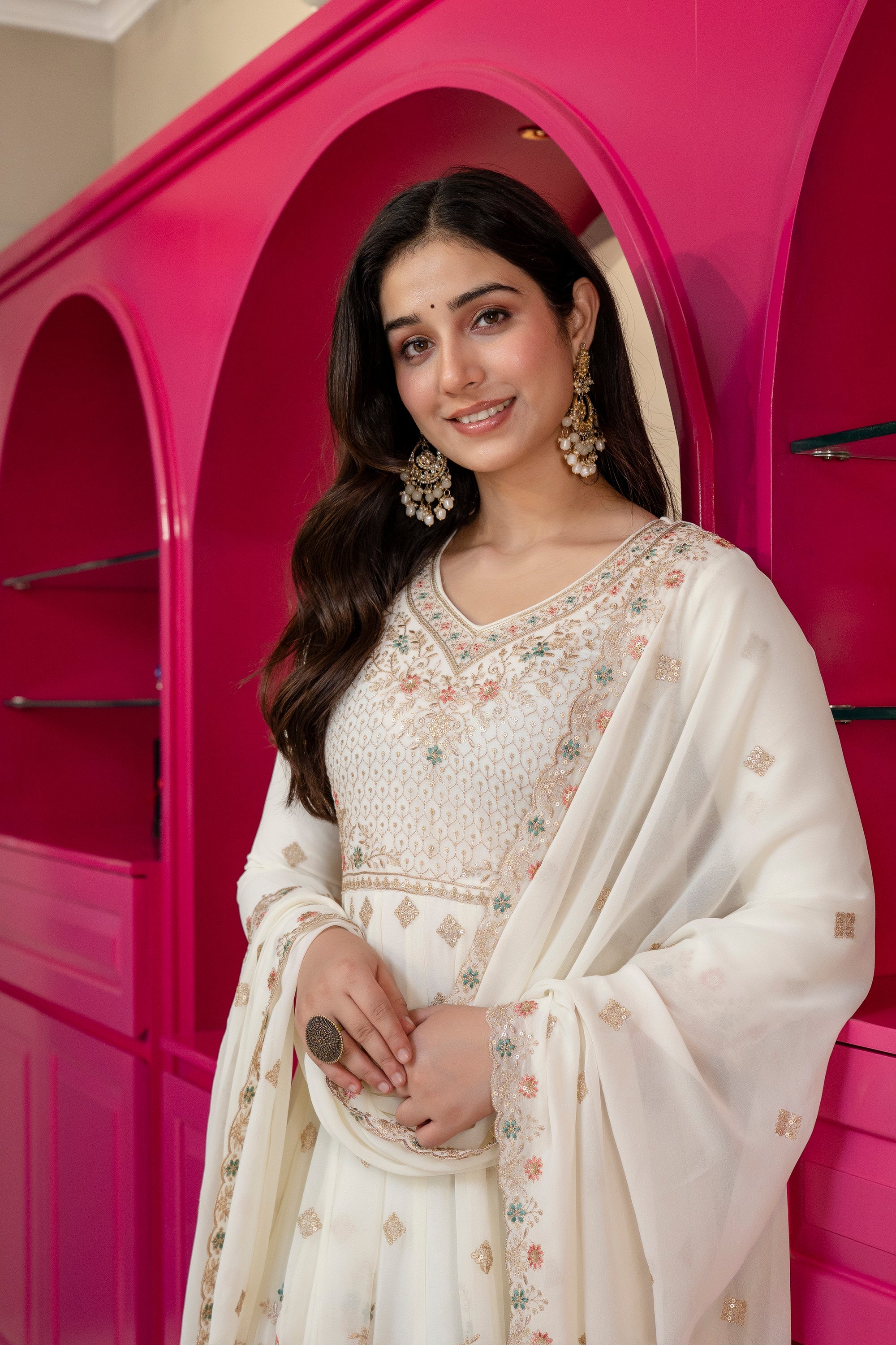 Yash Enterprise Off White Georgette Party Wear Anarkali Suit Set | Grocsy