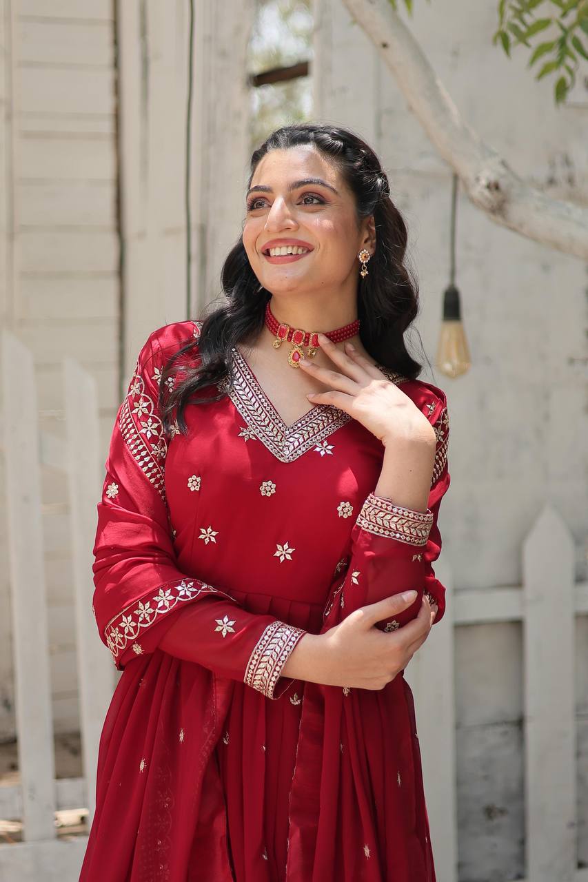 Yash Enterprise Maroon Faux Blooming With Sequins Embroidered Multi-Sequins Work Suit Set | Grocsy