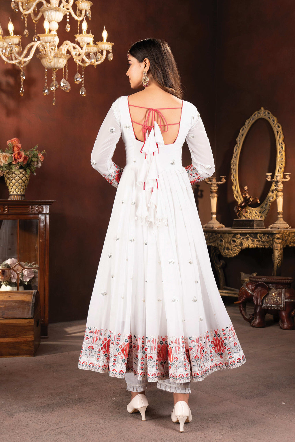 Yash Enterprise White Faux Blooming Embroidery Party Wear Suit Set | Grocsy